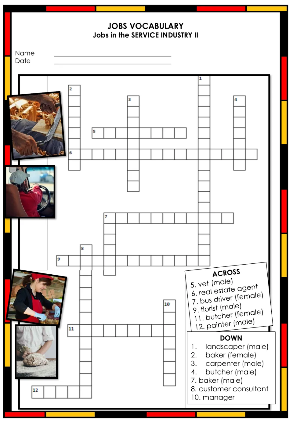 Second German service industry crossword with English clues for vet, baker, carpenter, butcher, and more