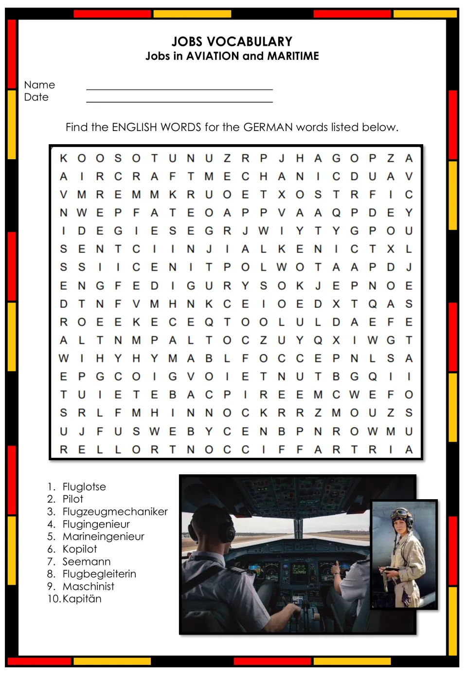 Aviation and maritime word search: find English words for German jobs such as Fluglotse (air traffic controller)