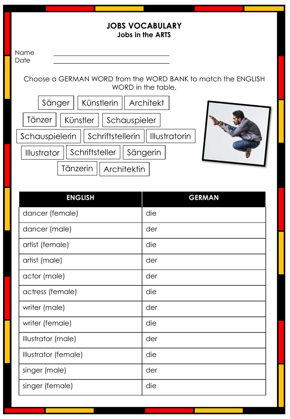 German arts jobs matching activity with Sänger (singer), Künstler (artist), and other profession words