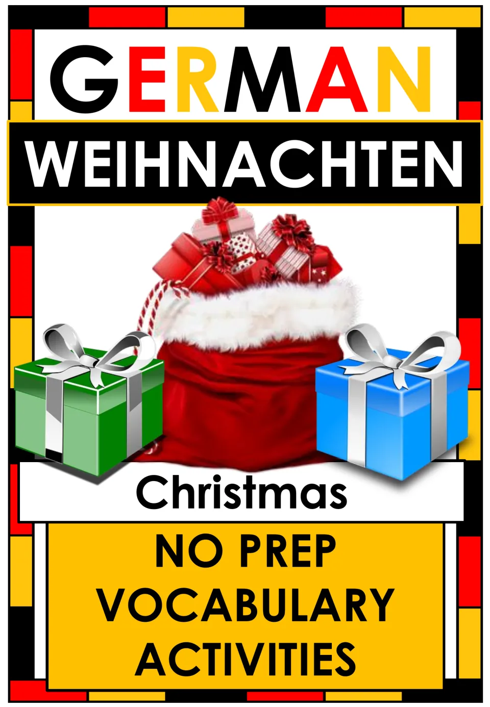 Cover for German Weihnachten (Christmas) vocabulary activities, labeled no prep, with English and German titles