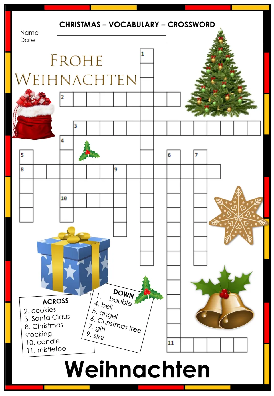 German Christmas vocabulary crossword with 11 English clues, including cookies, Santa Claus, bell, and gift