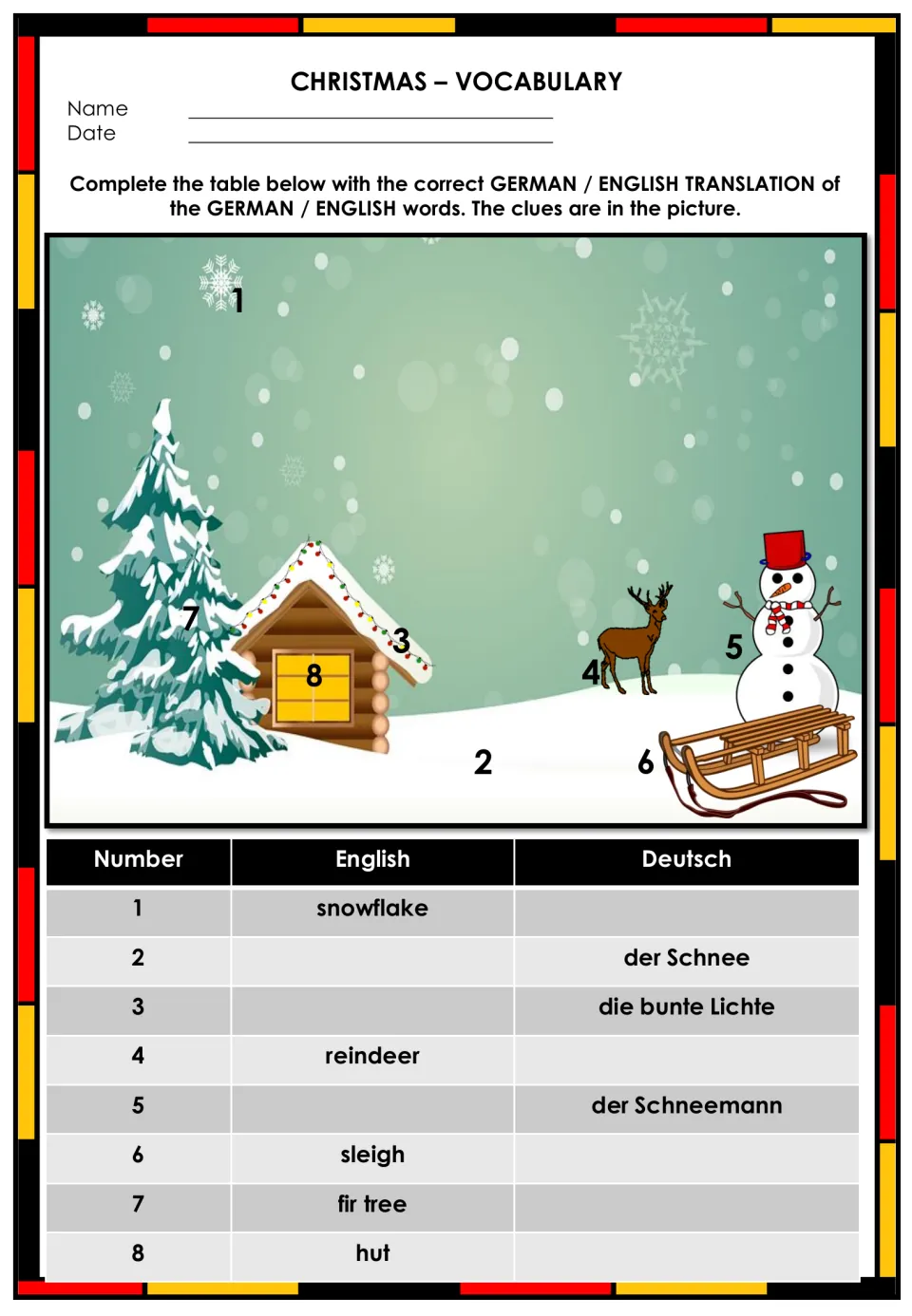 German Christmas translation activity using eight numbered picture clues, including snowflake, reindeer, and sleigh