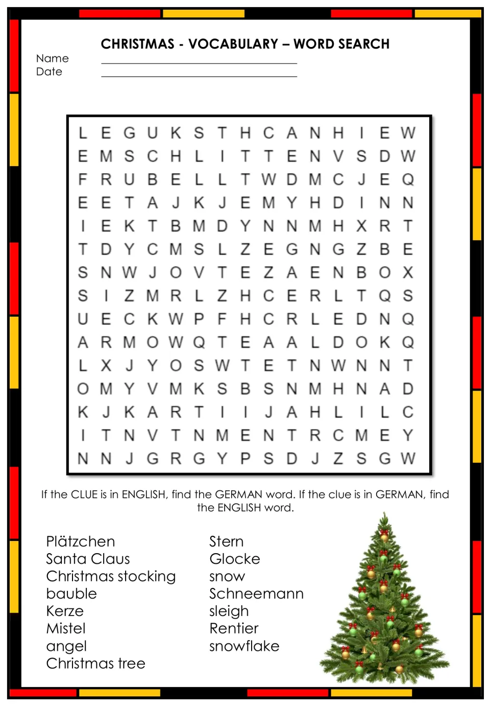 German Christmas word search requiring translations of 15 clues, including Stern (star) and Glocke (bell)
