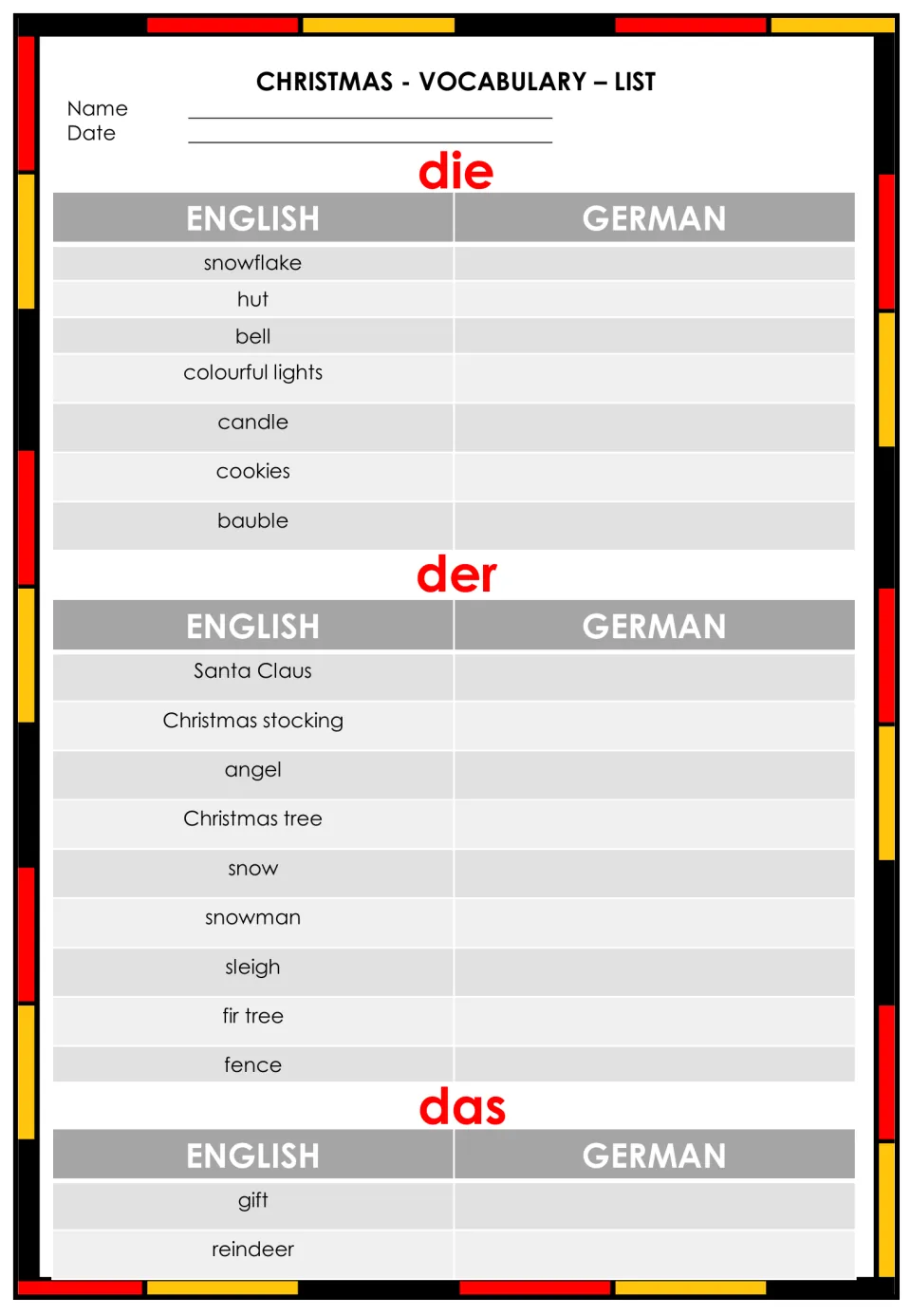 German Christmas vocabulary list to complete with 18 English prompts grouped under the articles die, der, and das