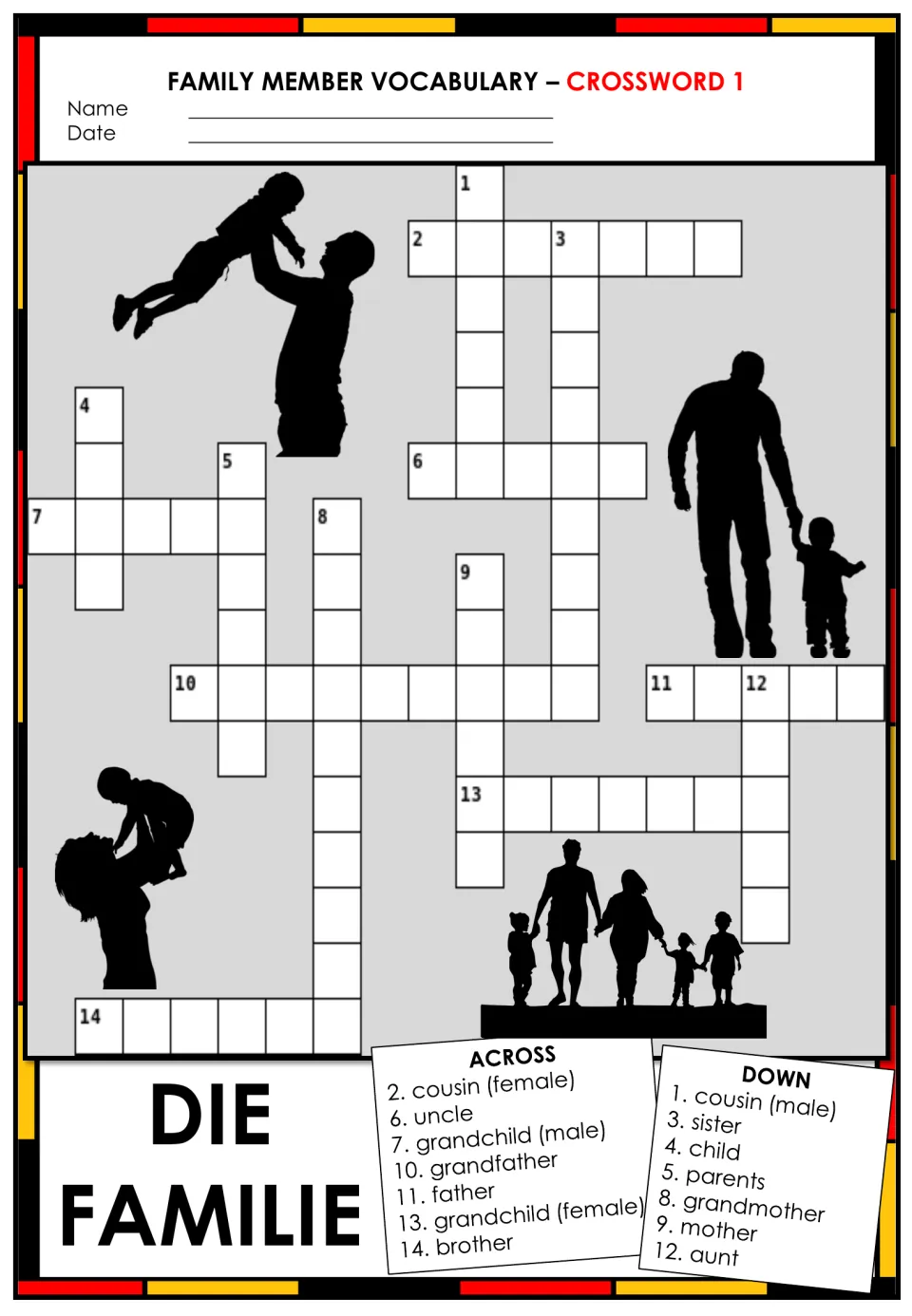 German family words crossword 1: students write the German for English clues such as cousin, uncle, father, sister and aunt