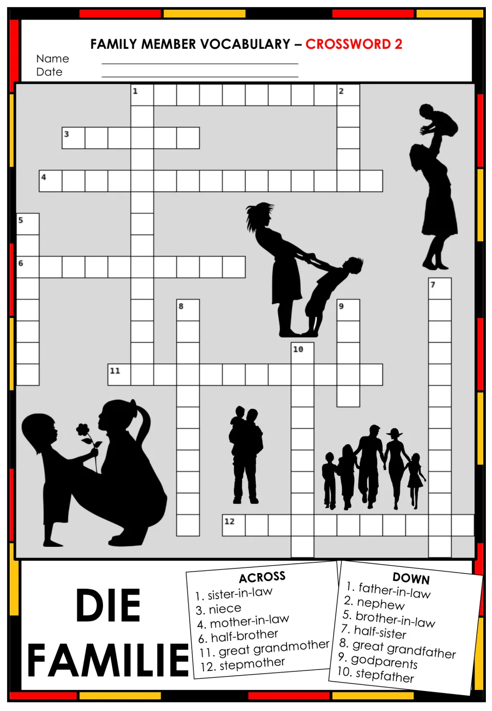 German family words crossword 2: students translate extended-family clues like sister-in-law, niece, stepmother, godparents