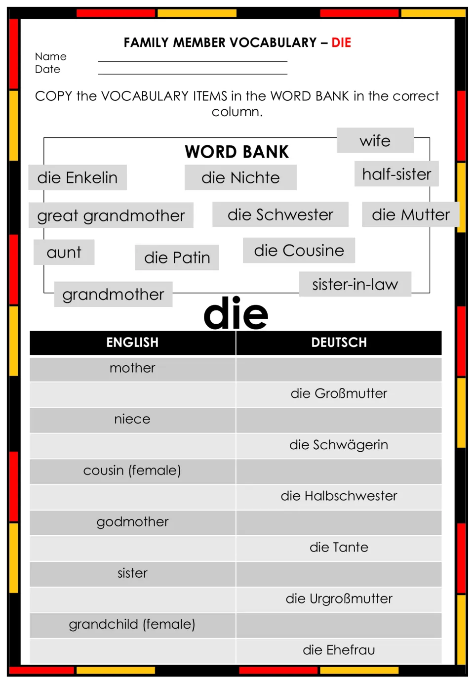 Feminine family nouns with die: students sort word-bank items to pair English and German, e.g. mother, niece, die Tante
