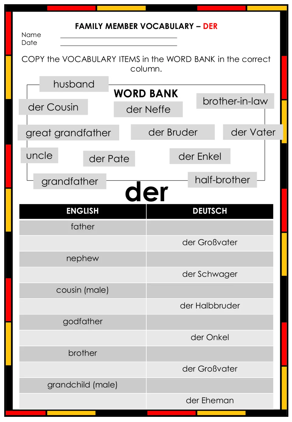 Masculine family nouns with der: students copy word-bank terms to match English and German, e.g. father, nephew, der Onkel
