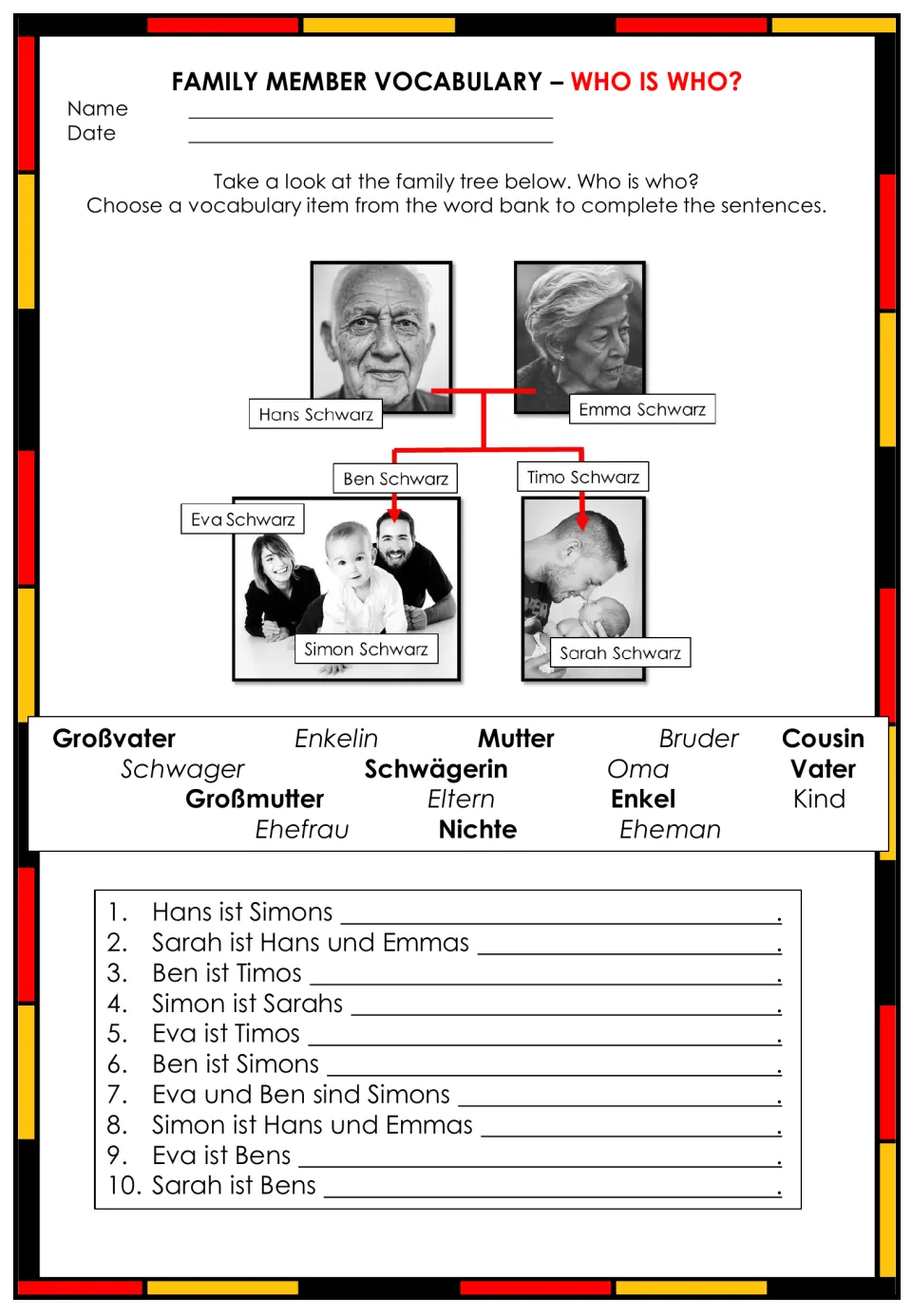 Who is who? Students use the Schwarz family tree and a word bank to finish 10 German relationship sentences