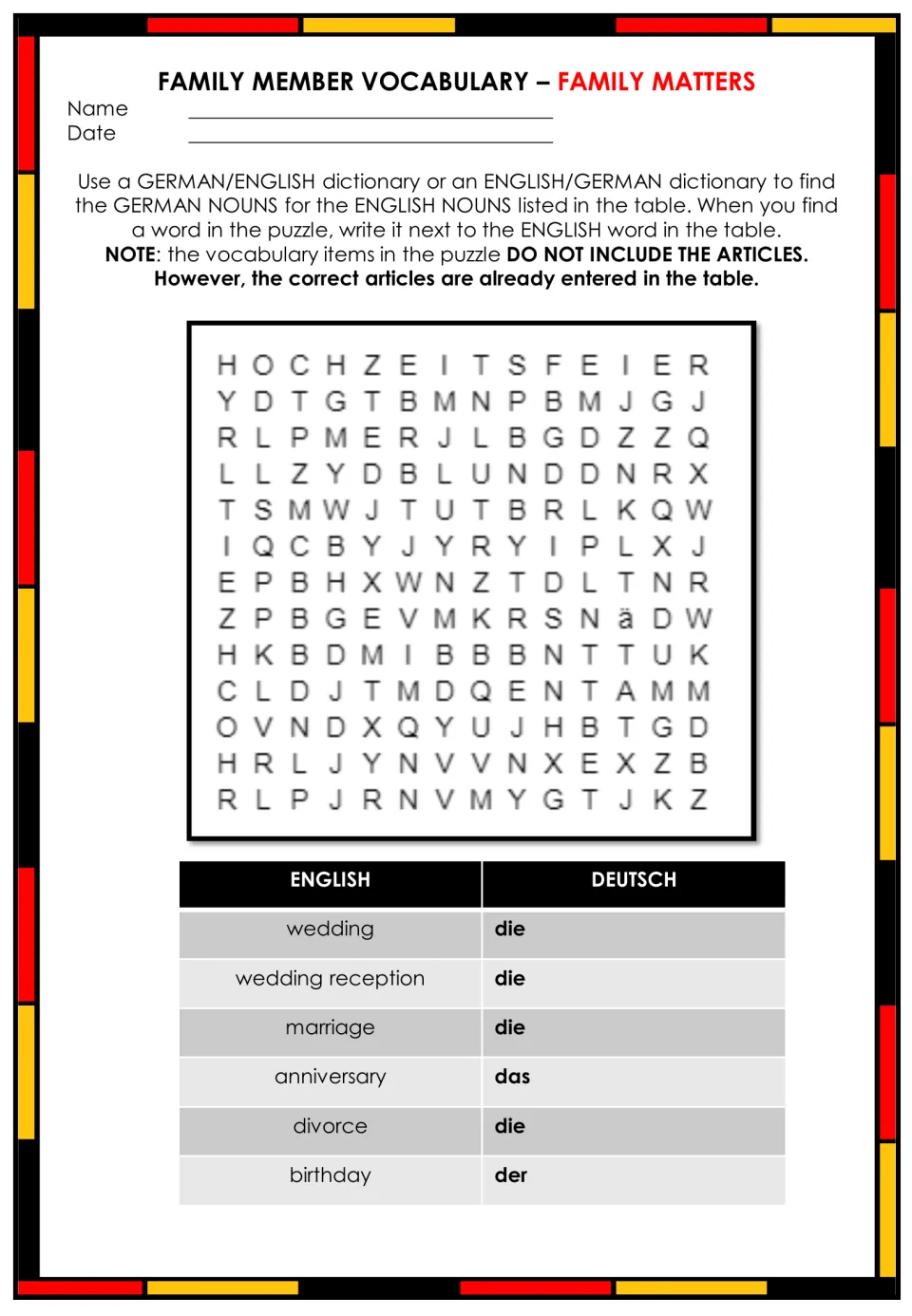 Family matters word search: students look up and find German nouns for wedding, marriage, anniversary, divorce and birthday