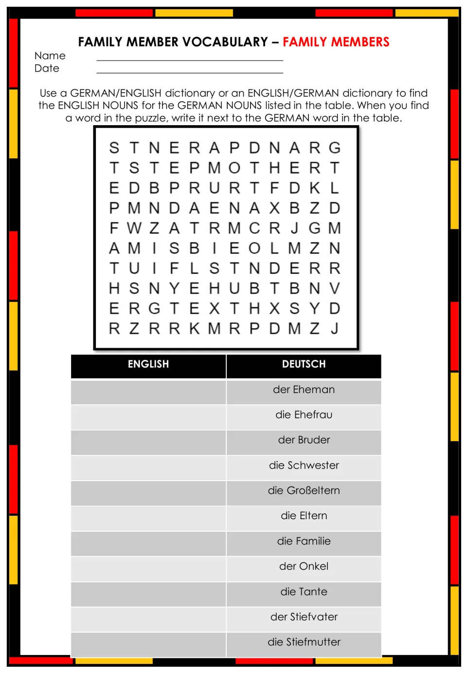 Family members word search: students find English words for German nouns like der Bruder, die Eltern and die Stiefmutter