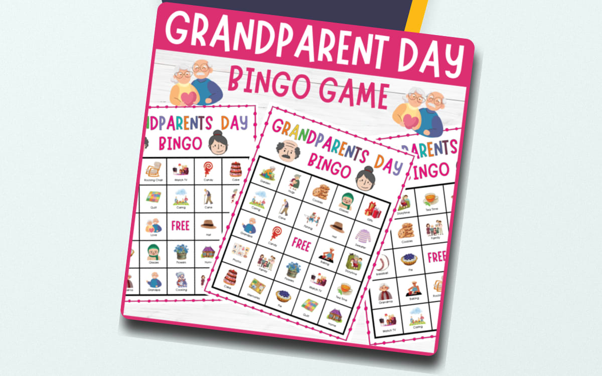 Grandparent Day Bingo Game cover showing several pink bingo boards with family-themed picture squares.