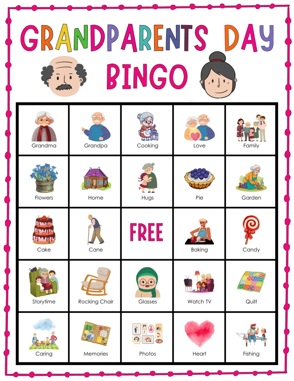 Grandparents Day bingo card 1: students mark picture words such as Grandma, Grandpa, Cooking, Love and Family