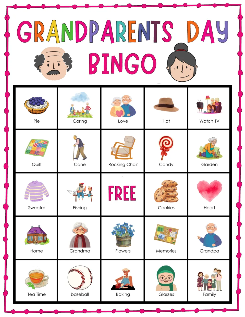 Bingo card 2 for Grandparents Day: students cover labeled pictures like Pie, Caring, Hat, Watch TV and Sweater