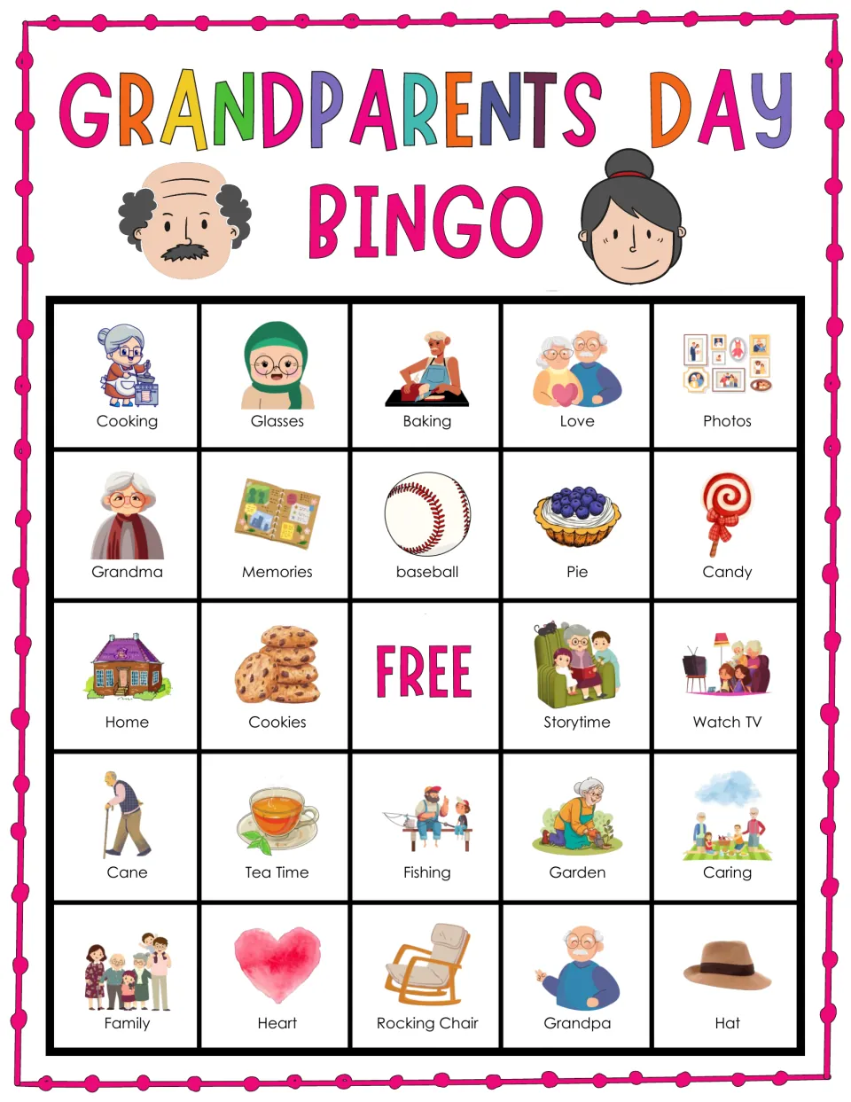 Grandparents Day bingo card 3: top row shows Cooking, Glasses, Baking, Love and Photos around a FREE center square