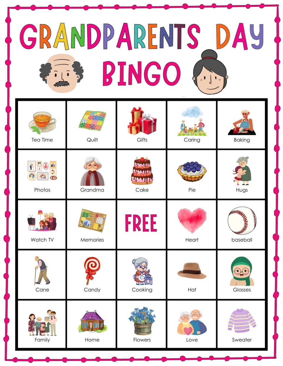 Bingo card 4 for Grandparents Day: pictured words include Tea Time, Quilt, Gifts, Caring, Baking and Hugs to mark