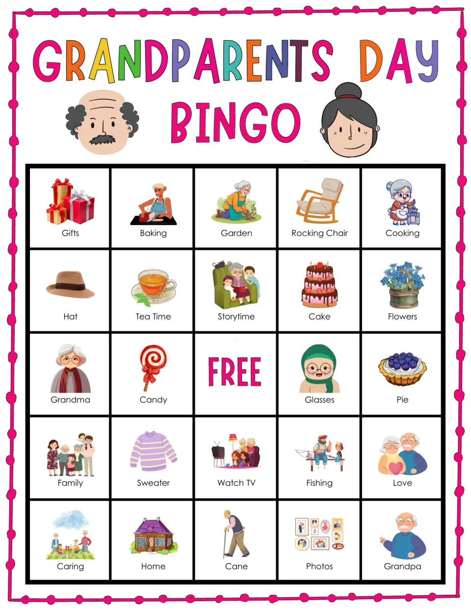 Grandparents Day bingo card 5: students listen and cover Gifts, Baking, Garden, Rocking Chair and Cooking pictures