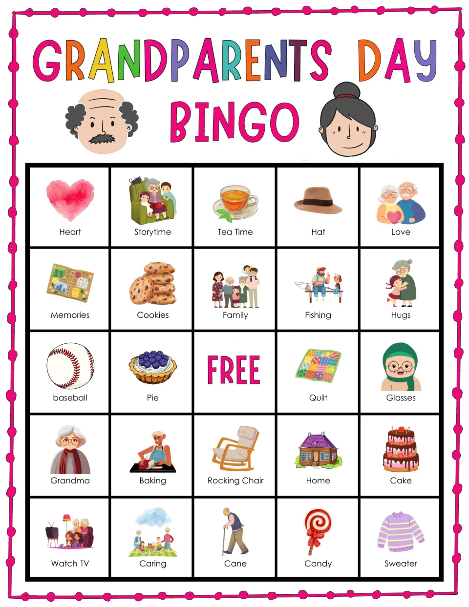 Bingo card 6 for Grandparents Day: first row is Heart, Storytime, Tea Time, Hat and Love, with a FREE middle square