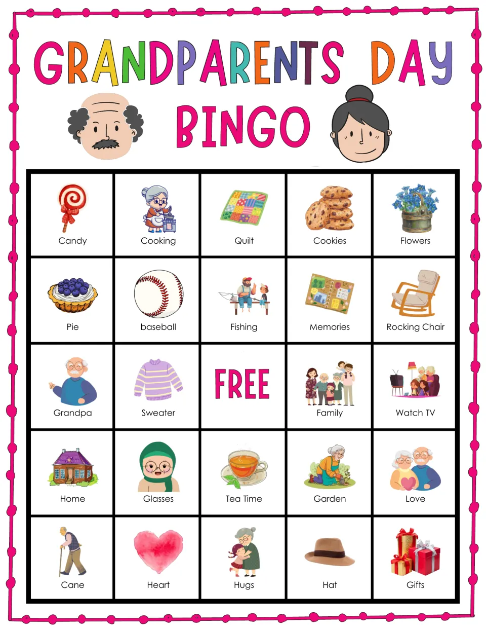 Grandparents Day bingo card 7: labeled pictures start with Candy, Cooking, Quilt, Cookies and Flowers to mark off