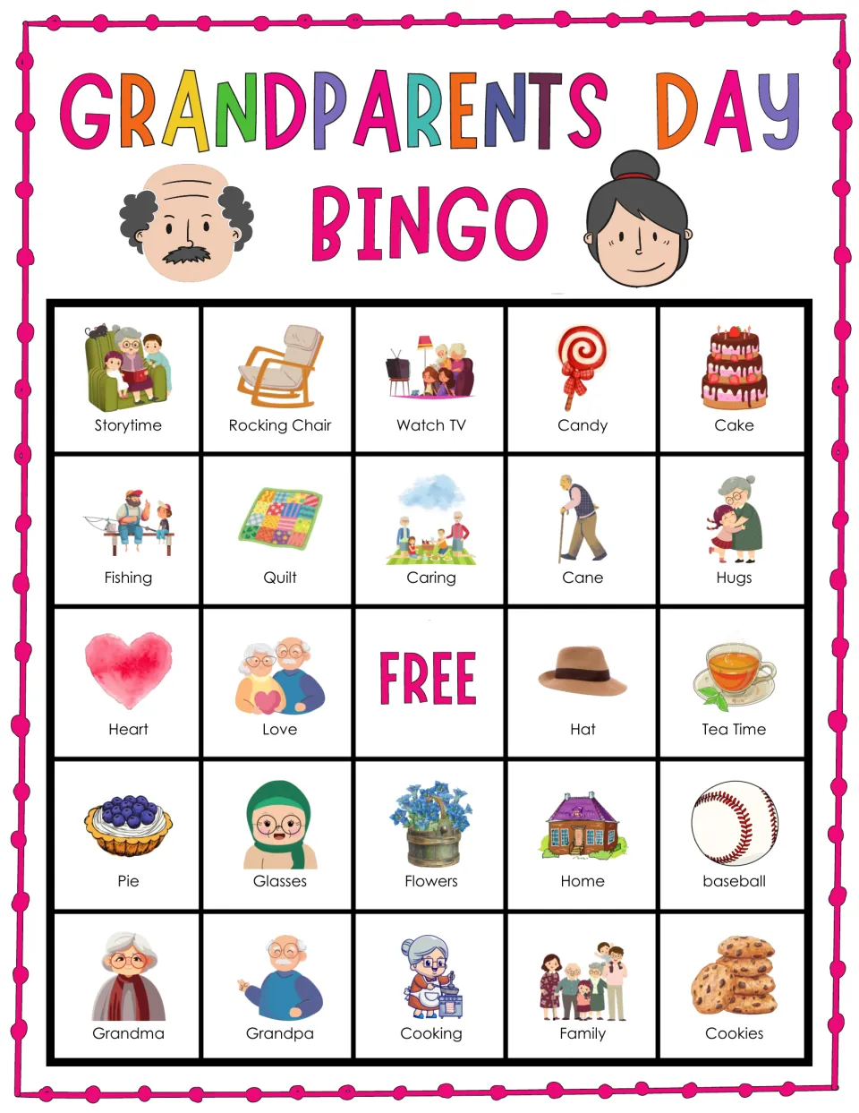 Bingo card 8 for Grandparents Day: picture words begin Storytime, Rocking Chair, Watch TV, Candy and Cake to cover