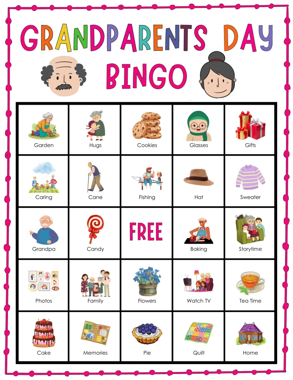 Grandparents Day bingo card 9: students mark called words like Garden, Hugs, Cookies, Glasses and Gifts in a row