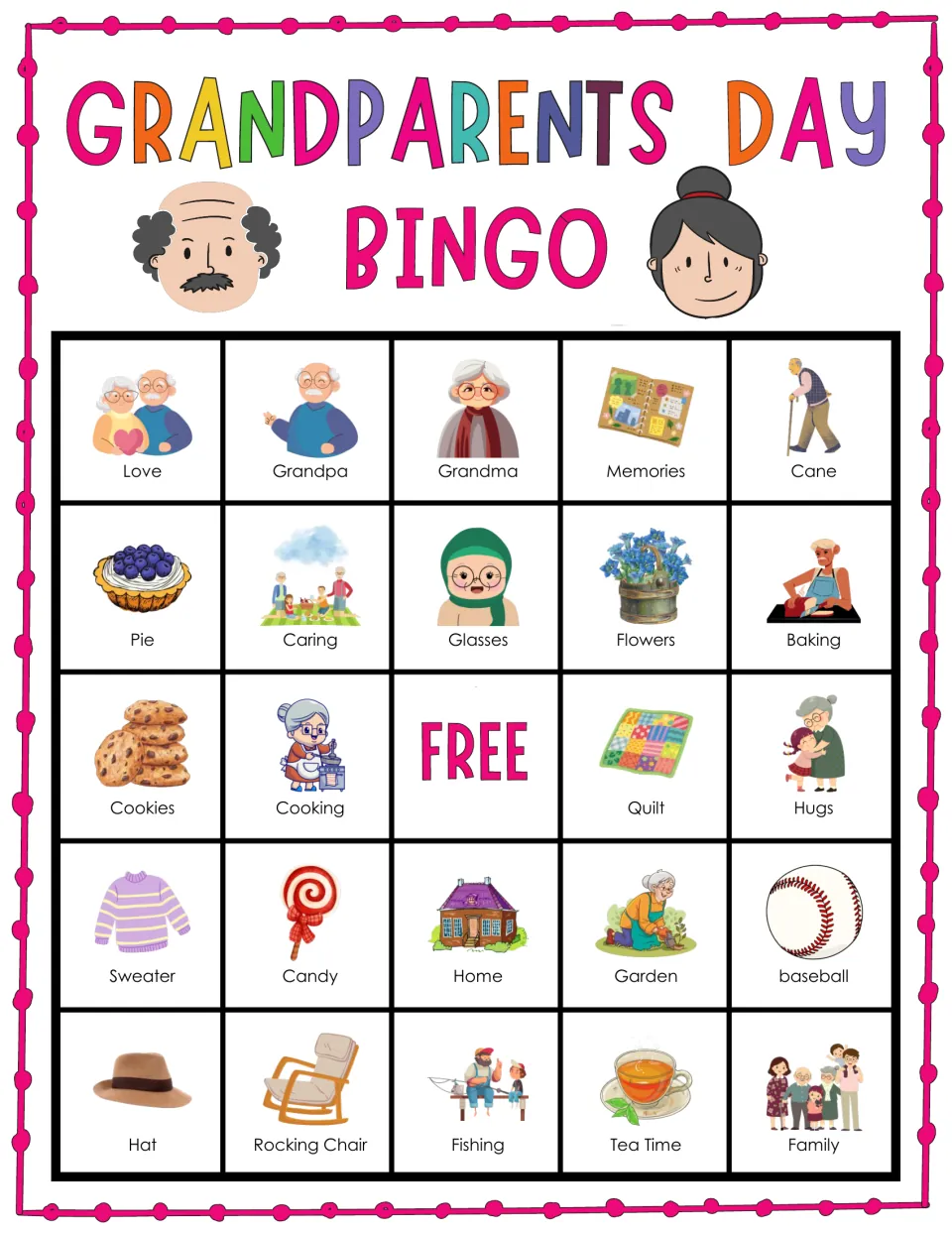Bingo card 10 for Grandparents Day: top row reads Love, Grandpa, Grandma, Memories and Cane; picture words to mark