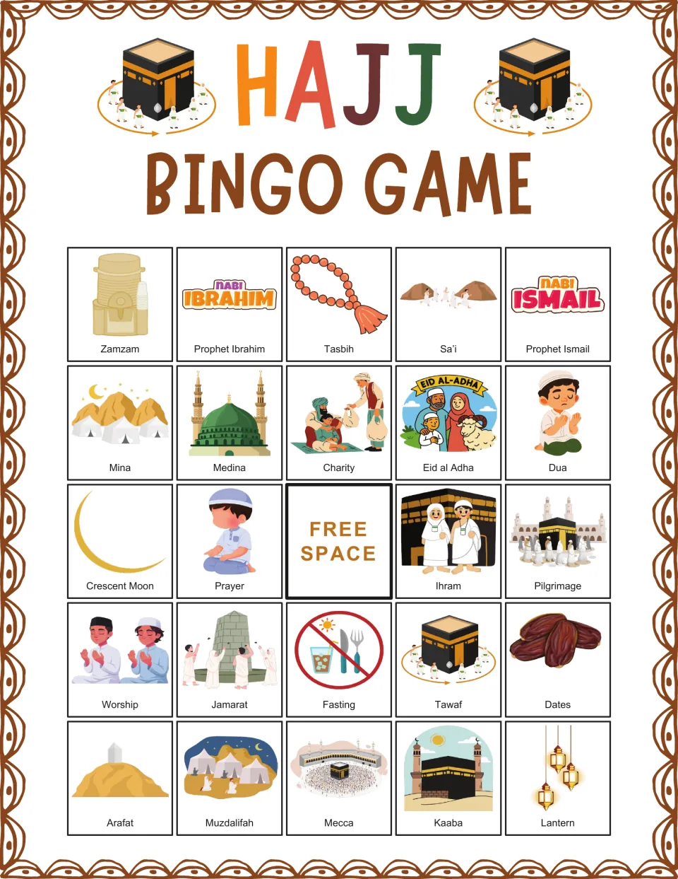Hajj bingo board 1: Zamzam, Prophet Ibrahim, Tasbih, Sa’i and Prophet Ismail, plus a center free space.