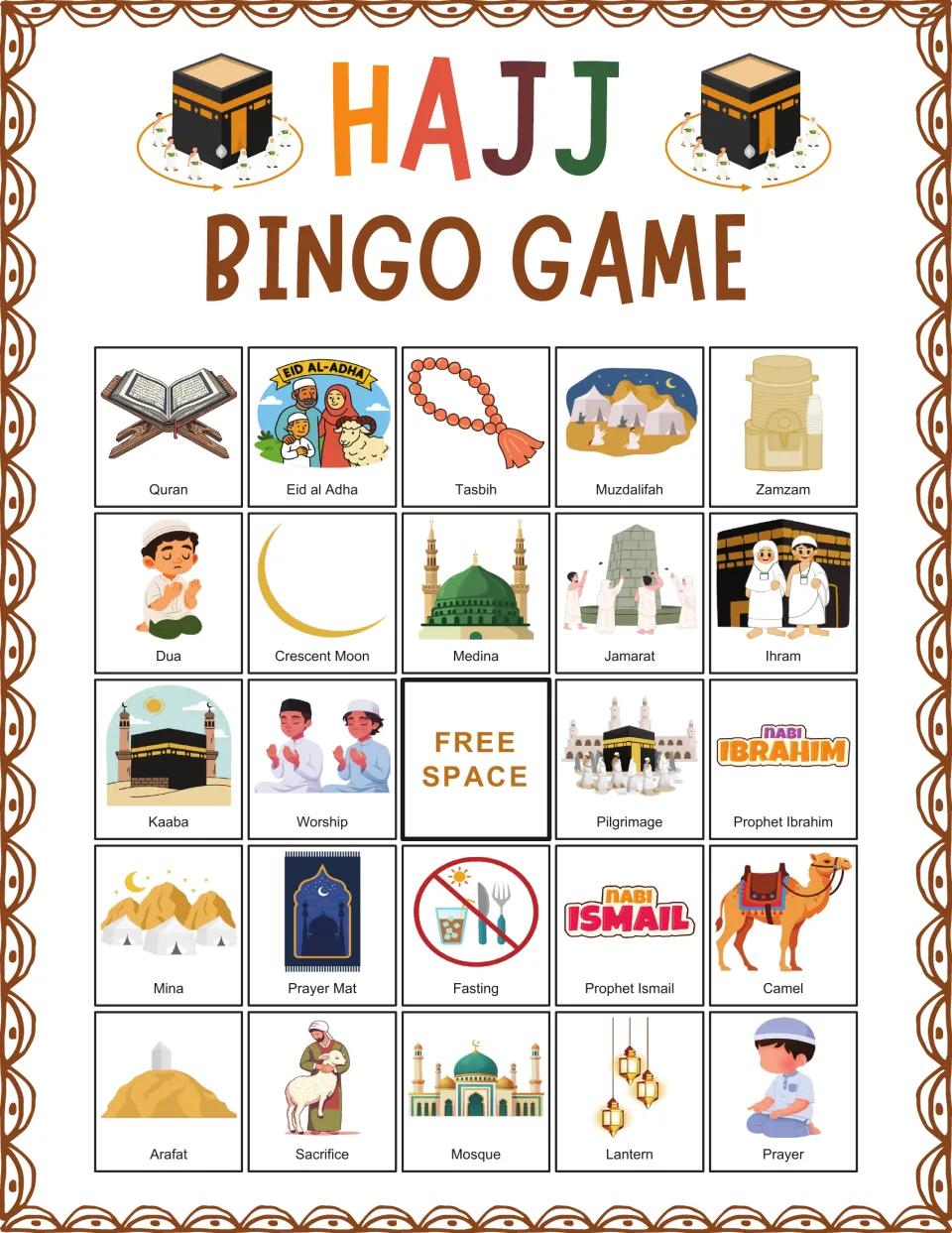 Hajj bingo board 2: Quran, Eid al Adha, Tasbih, Muzdalifah and Zamzam, with a free space in the center.