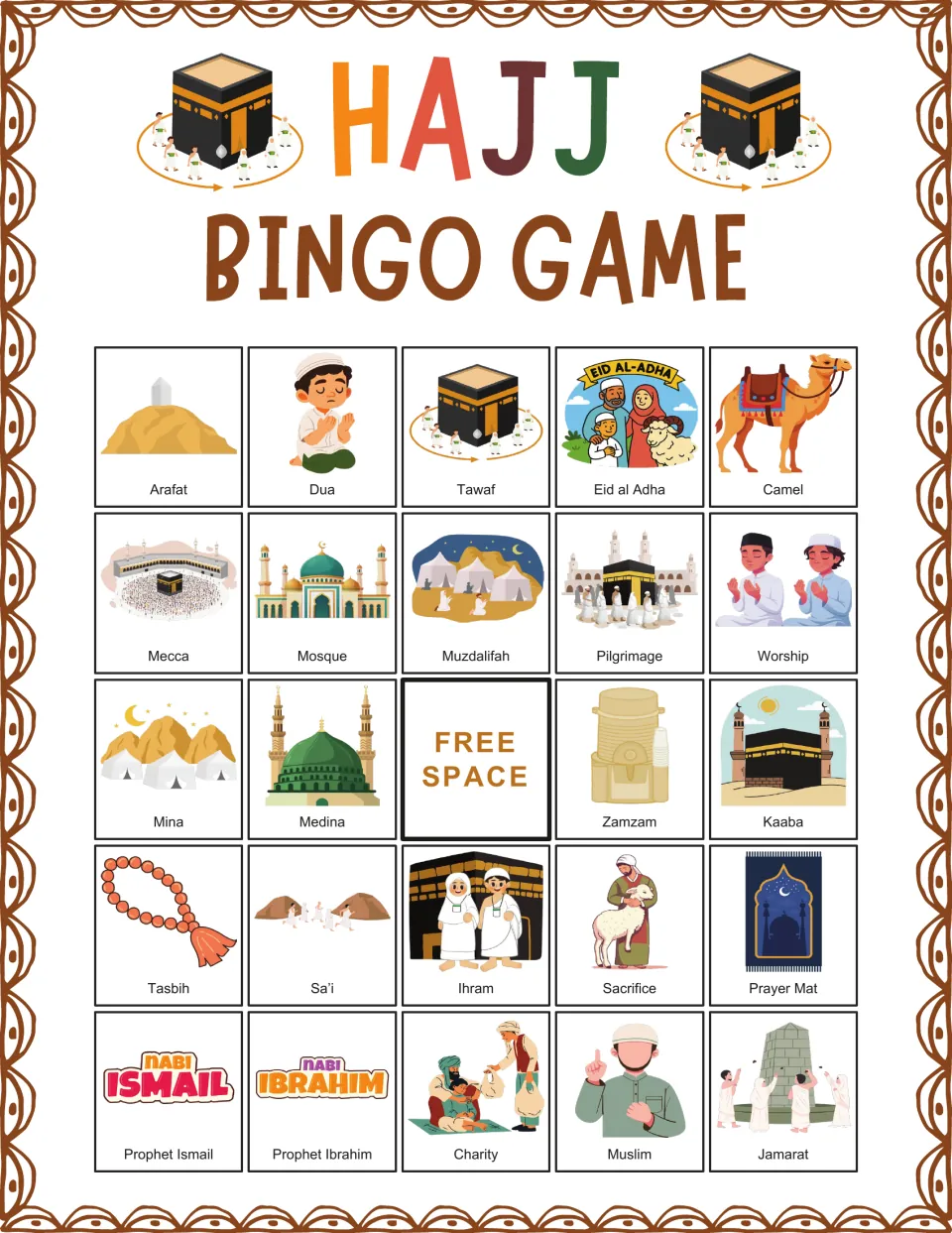 Hajj bingo board 3: Arafat, Dua, Tawaf, Eid al Adha and Camel, with a free space and 19 other labeled pictures.