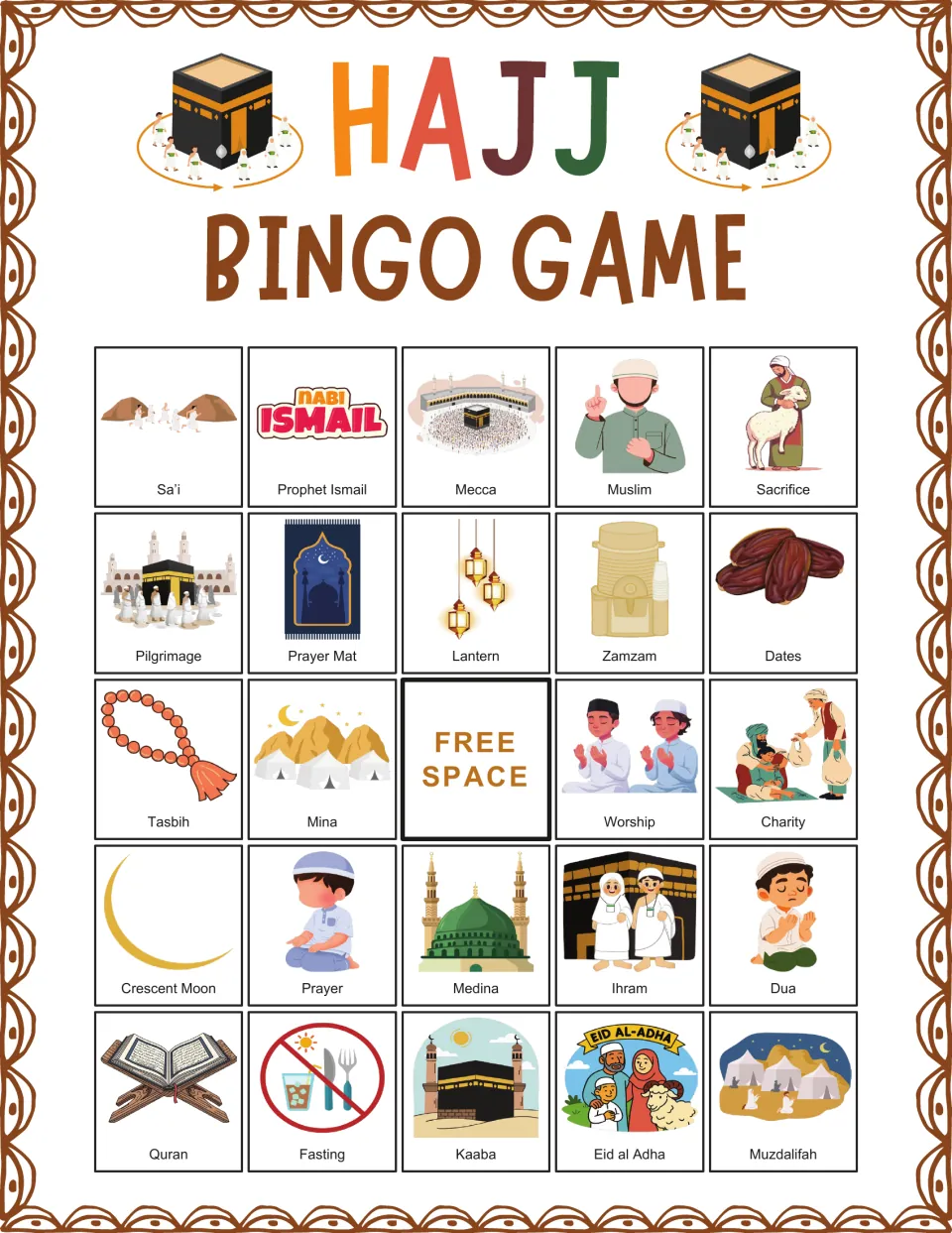 Hajj bingo board 4: Sa’i, Prophet Ismail, Mecca, Muslim and Sacrifice, with a free space in the center.