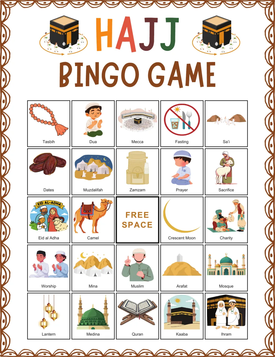Hajj bingo board 5: Tasbih, Dua, Mecca, Fasting and Sa’i, with a free space and 19 other labeled pictures.