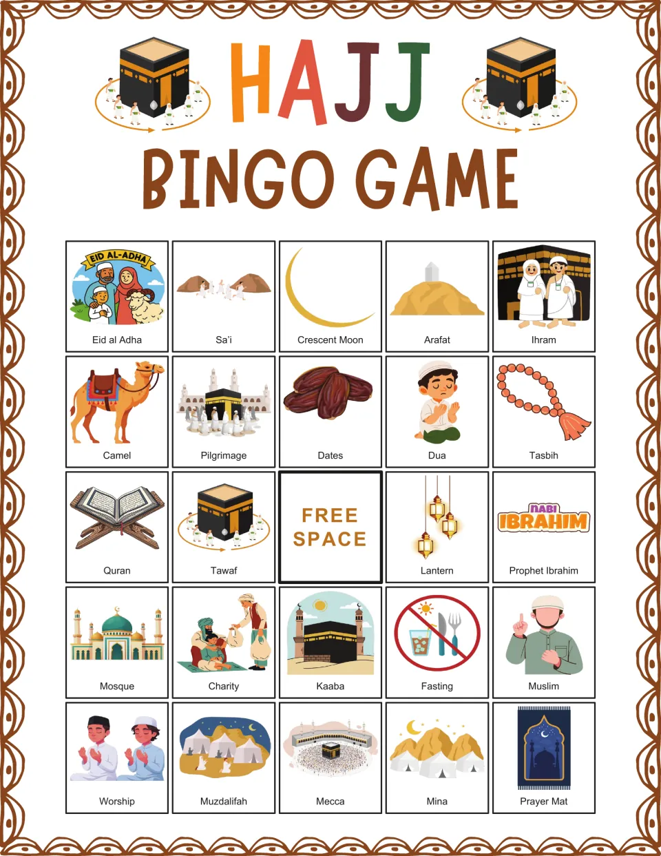 Hajj bingo board 7: Eid al Adha, Sa’i, Crescent Moon, Arafat and Ihram, plus a center free space.