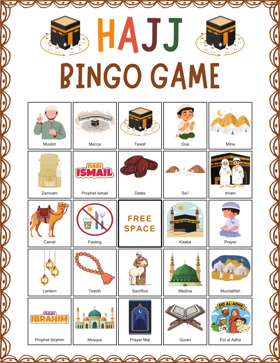 Hajj bingo board 8: Muslim, Mecca, Tawaf, Dua and Mina, with a free space and 19 other labeled pictures.