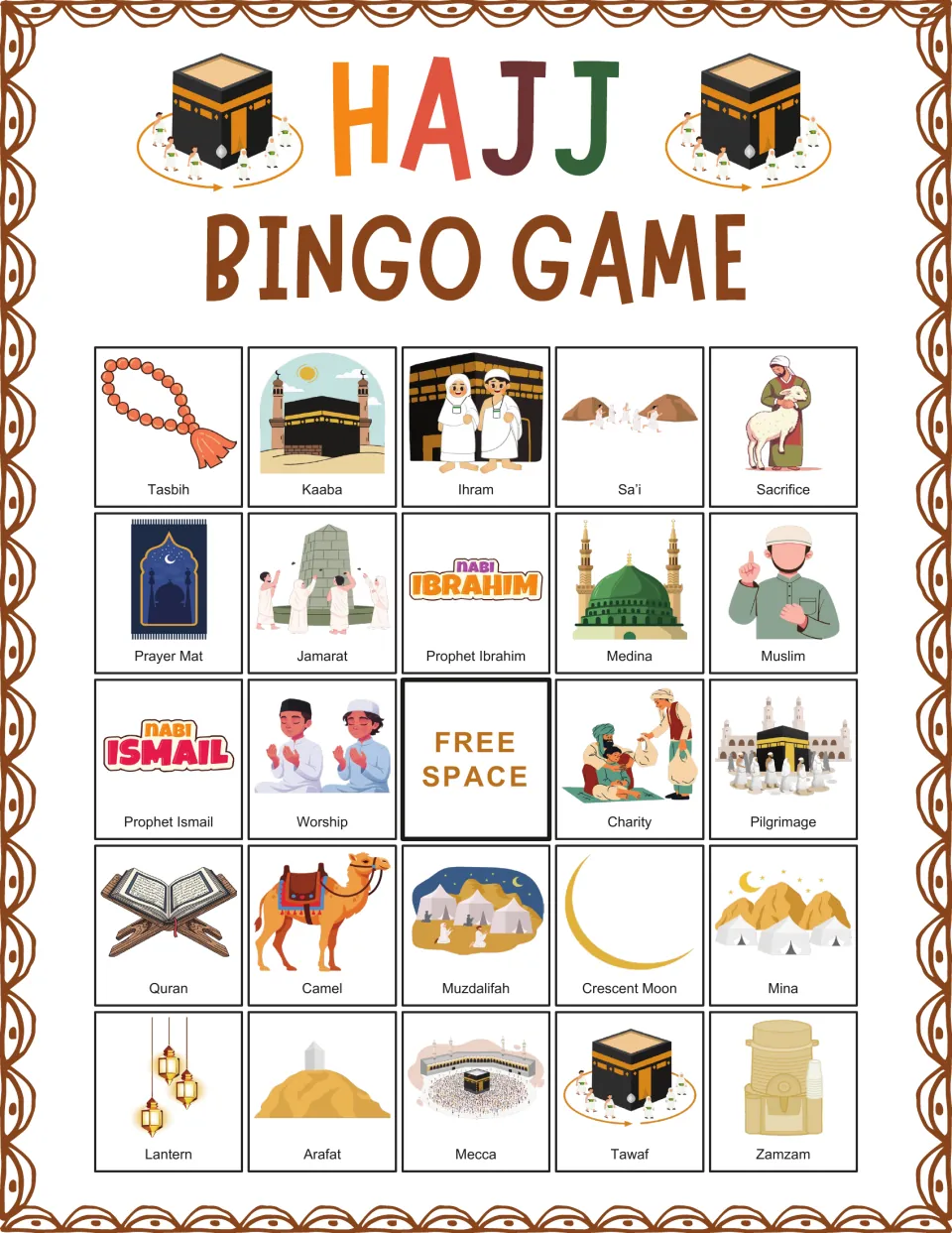 Hajj bingo board 9: Tasbih, Kaaba, Ihram, Sa’i and Sacrifice, with a free space in the center.