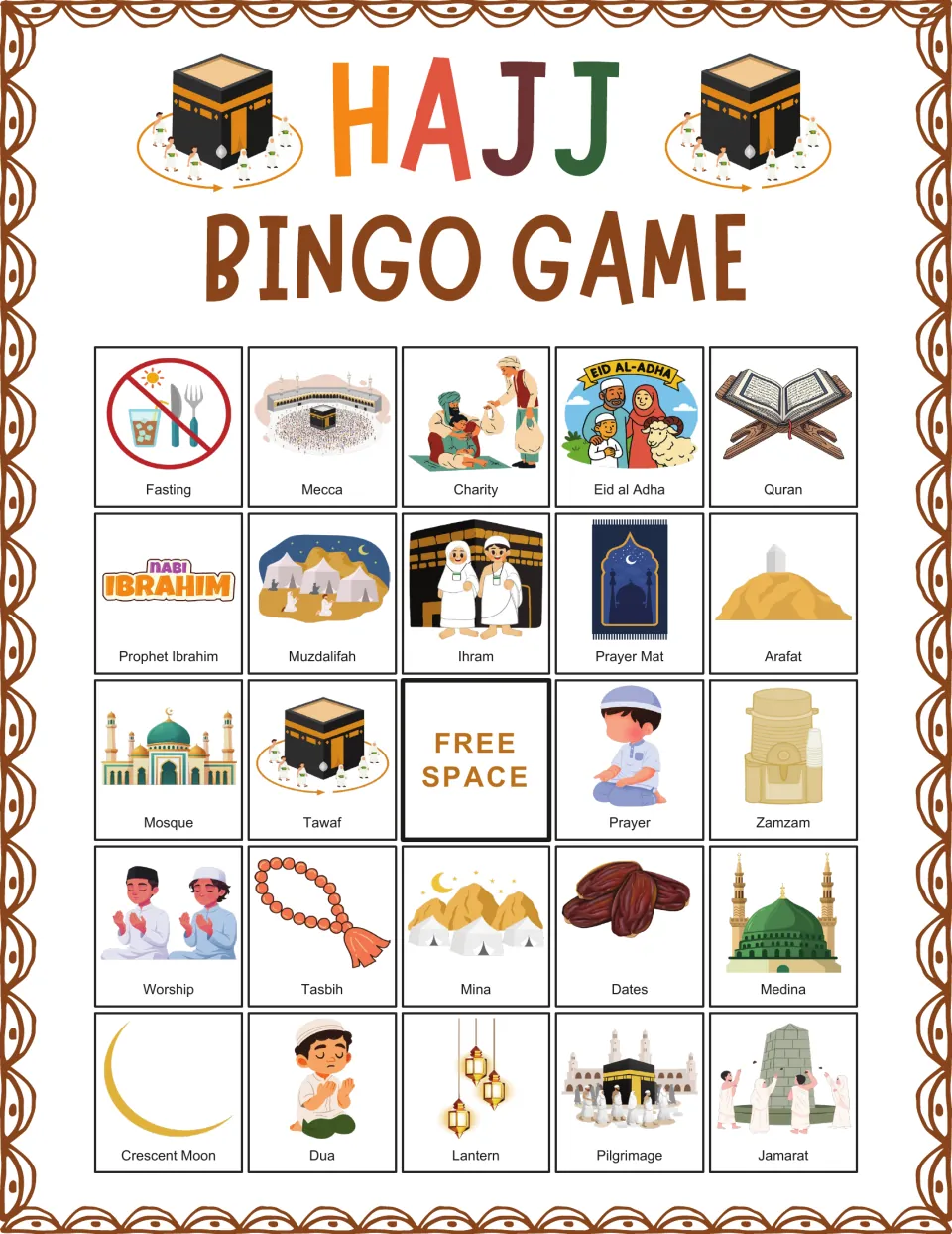 Hajj bingo board 10: Fasting, Mecca, Charity, Eid al Adha and Quran, with a free space in the center.