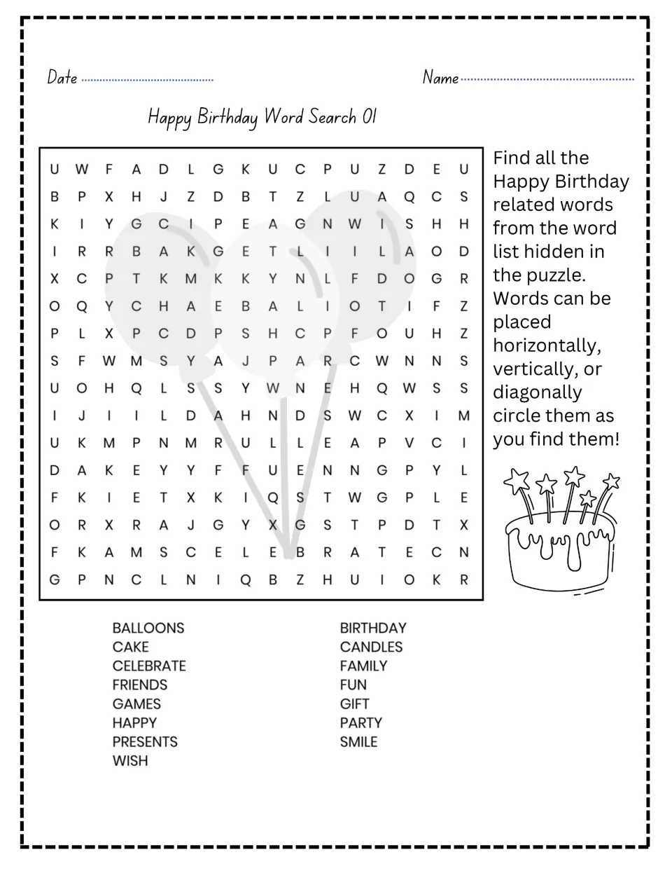 Happy Birthday Word Search 01: students find and circle 15 birthday words such as balloons, cake, candles and wish