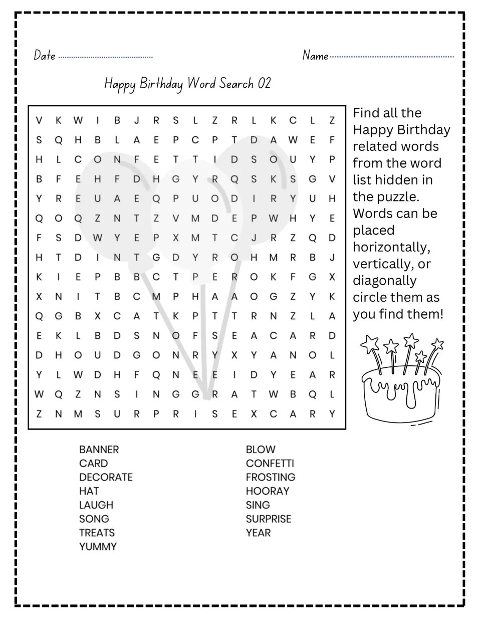 Happy Birthday Word Search 02: students circle 15 hidden words like banner, confetti, frosting, hooray and surprise