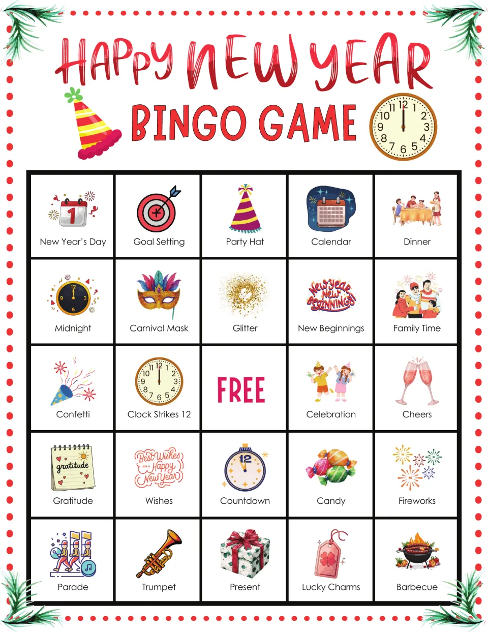 Happy New Year bingo card 1: students mark pictured words such as New Year's Day, Goal Setting, Party Hat and Dinner