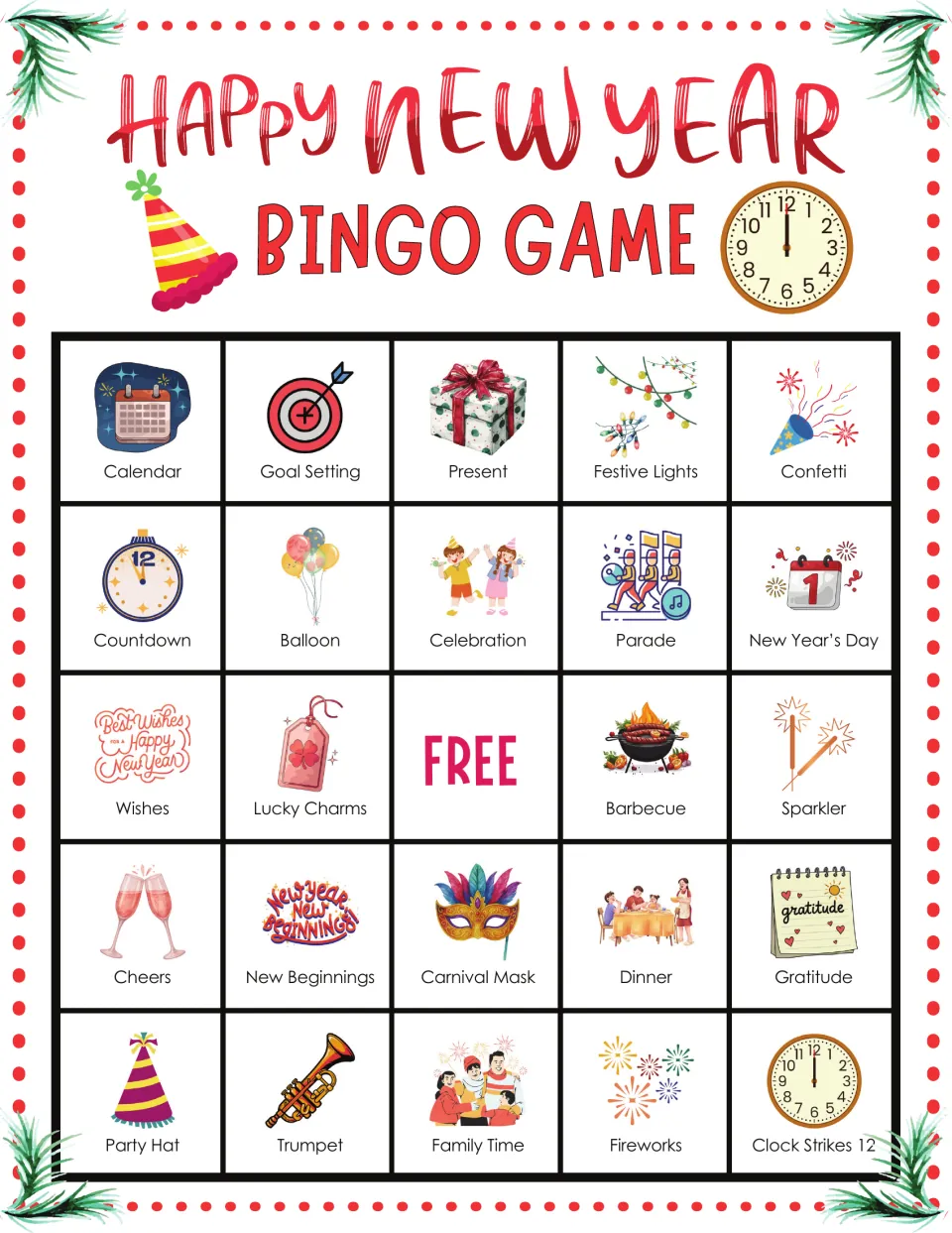 New Year bingo card 2: picture-word spaces start with Calendar, Goal Setting, Present, Festive Lights and Confetti
