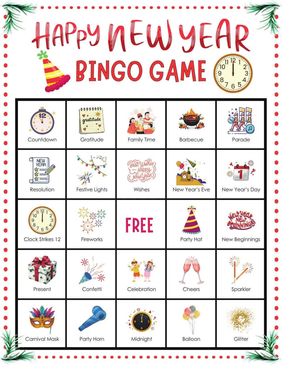 New Year bingo card 3 with picture words led by Countdown, Gratitude, Family Time, Barbecue and Parade around FREE