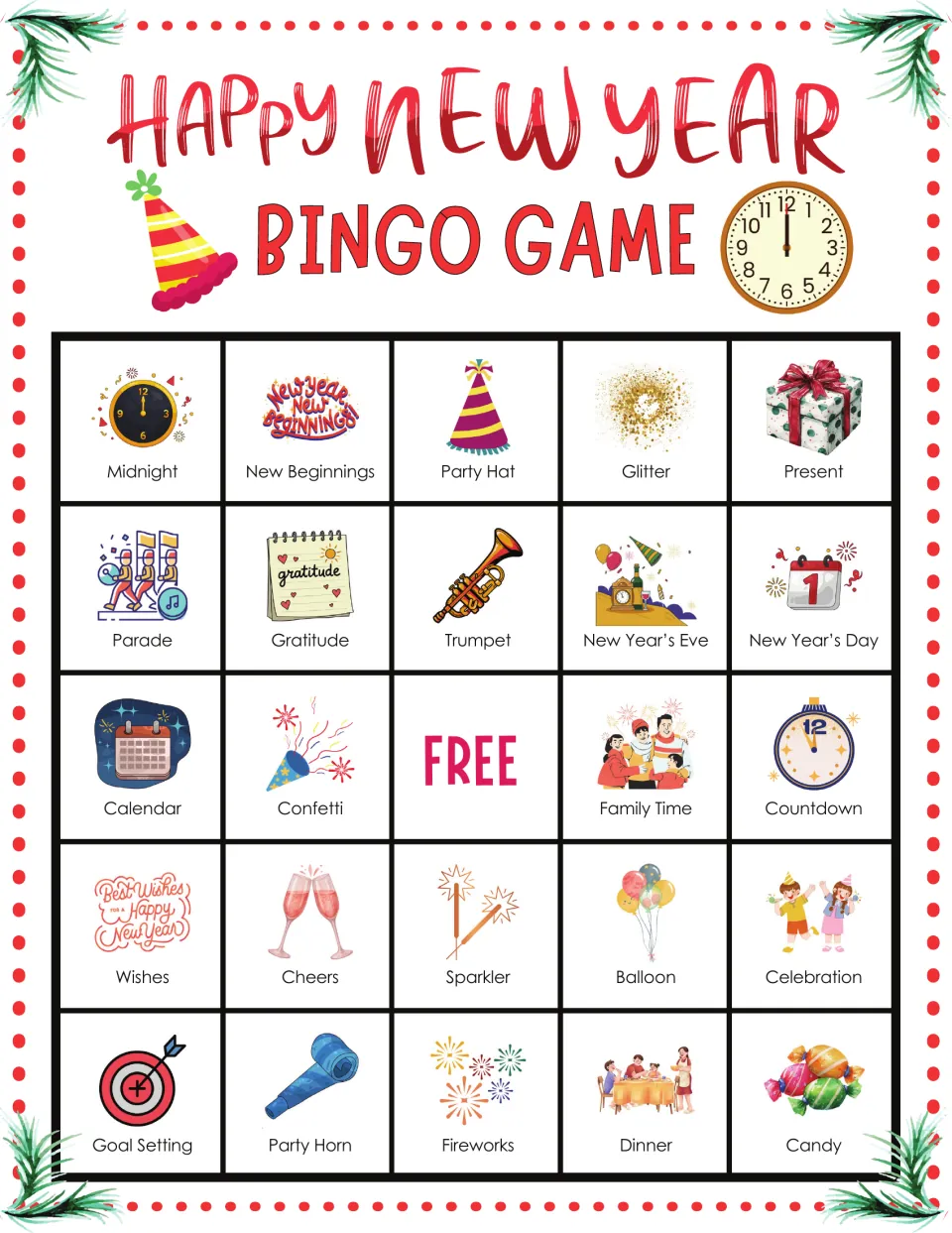 New Year bingo card 4: students listen and cover Midnight, New Beginnings, Party Hat, Glitter, Present and more