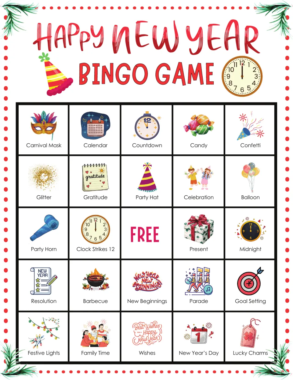 New Year bingo card 5 featuring Carnival Mask, Calendar, Countdown, Candy and Confetti among illustrated word spaces