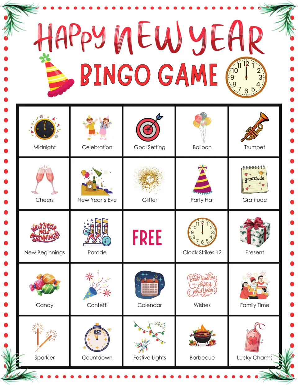 New Year bingo card 6: picture vocabulary begins Midnight, Celebration, Goal Setting, Balloon and Trumpet