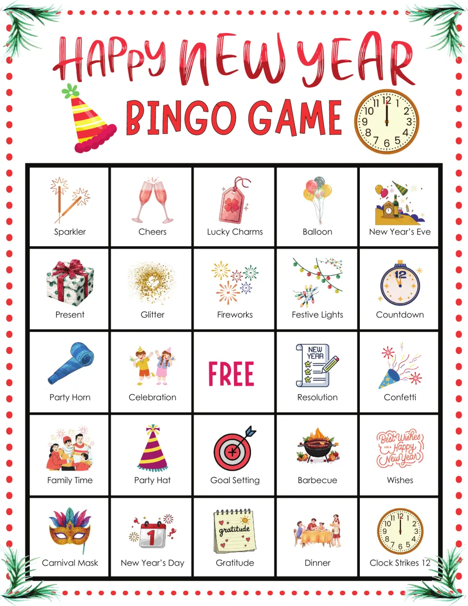 New Year bingo card 7 opening with Sparkler, Cheers, Lucky Charms, Balloon and New Year's Eve picture words