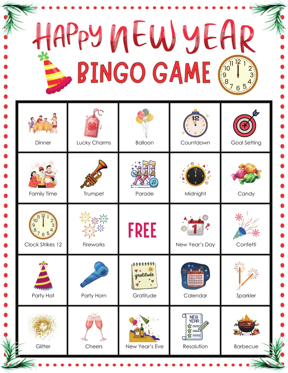 New Year bingo card 8: students mark Dinner, Lucky Charms, Balloon, Countdown, Goal Setting and other pictured words