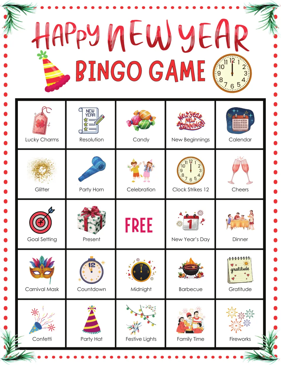 New Year bingo card 9 led by Lucky Charms, Resolution, Candy, New Beginnings and Calendar, with a FREE middle space