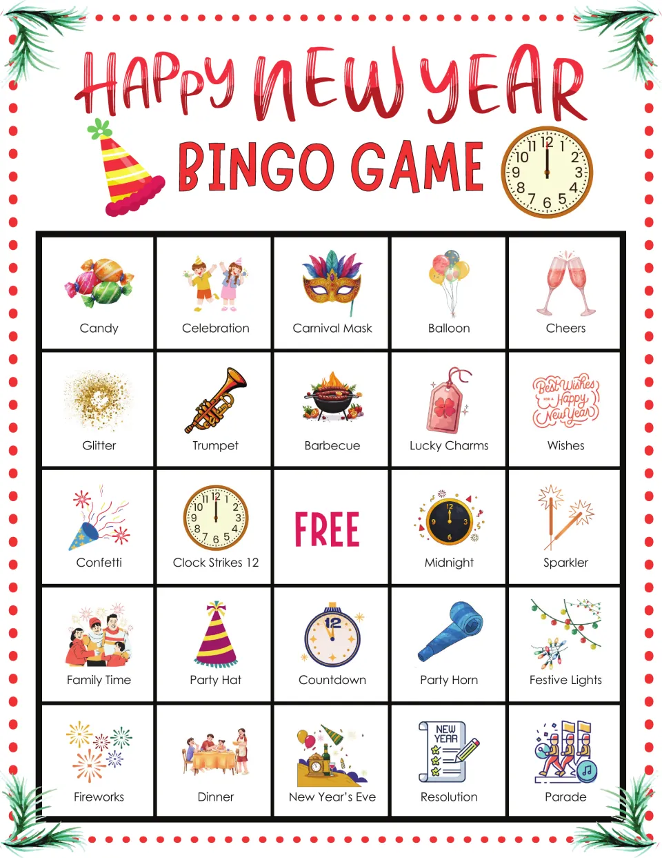 New Year bingo card 10: illustrated words start with Candy, Celebration, Carnival Mask, Balloon and Cheers