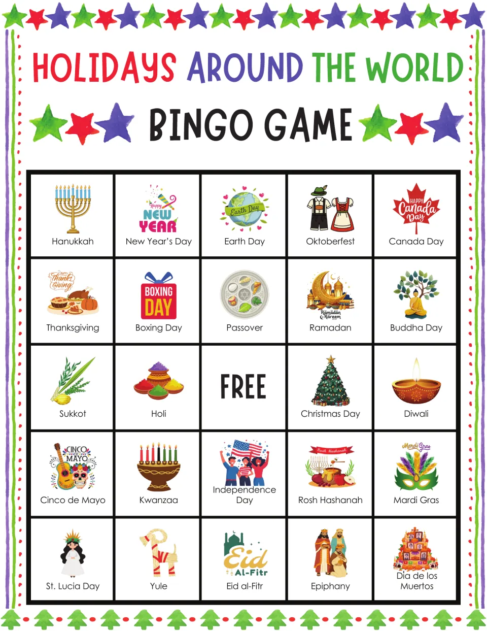 Holidays bingo card 1: students mark picture squares such as Hanukkah, Earth Day and Oktoberfest around a FREE center