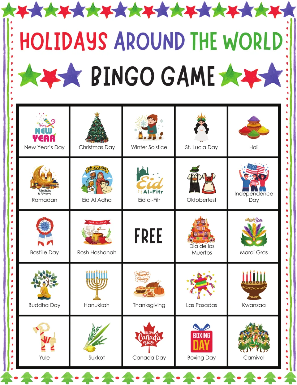 Holidays bingo card 2: students find called holidays like Winter Solstice, Bastille Day and Las Posadas on picture squares