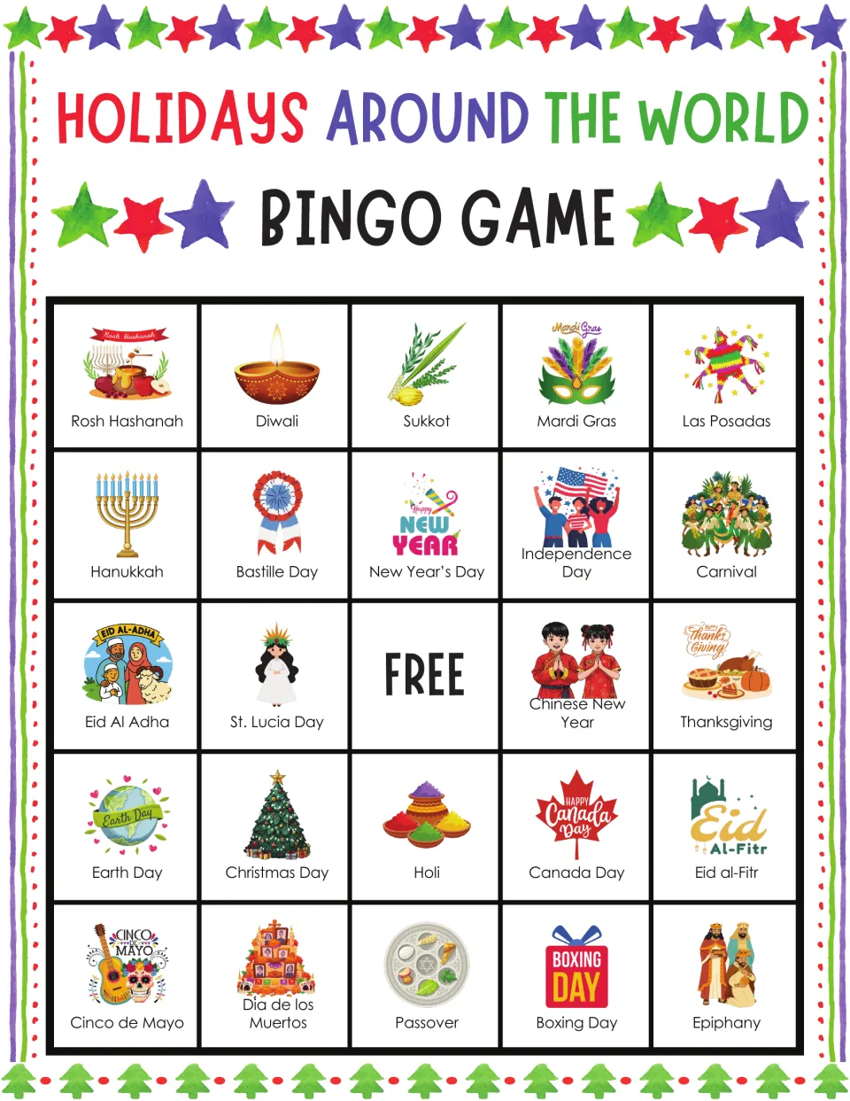 Holidays bingo card 3: top row shows Rosh Hashanah, Diwali, Sukkot, Mardi Gras and Las Posadas; students mark calls